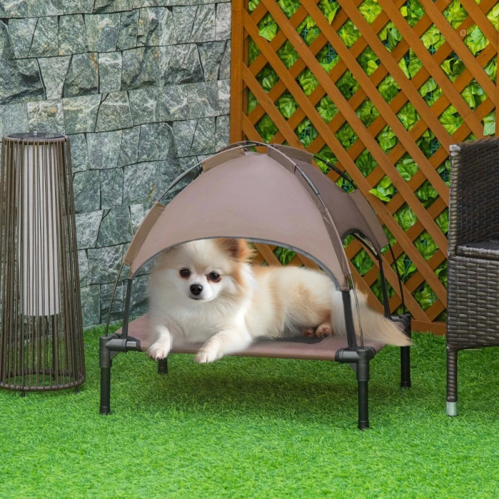 Raised Dog Bed Waterproof Elevated Pet Cot with Breathable Mesh UV Protection Canopy Brown, for Small Dogs, 61 x 46 x 62cm